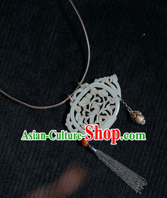 Chinese Classical Jewelry National Silver Necklace Handmade Ethnic Jade Carving Teapot Necklet Accessories