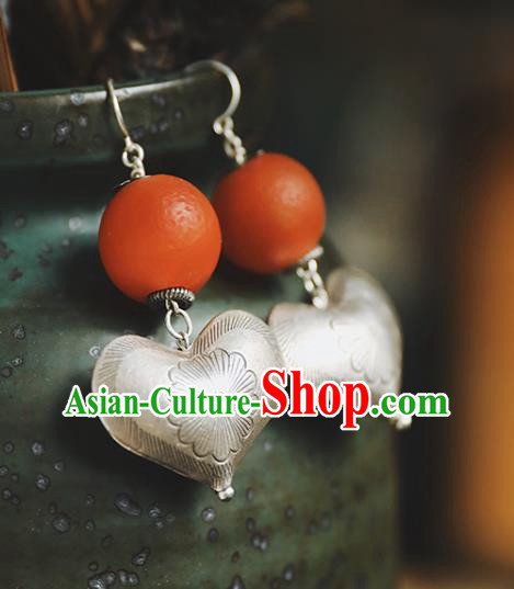 Handmade Chinese Traditional Silver Heart Ear Jewelry Classical Cheongsam Earrings Accessories Beeswax Eardrop