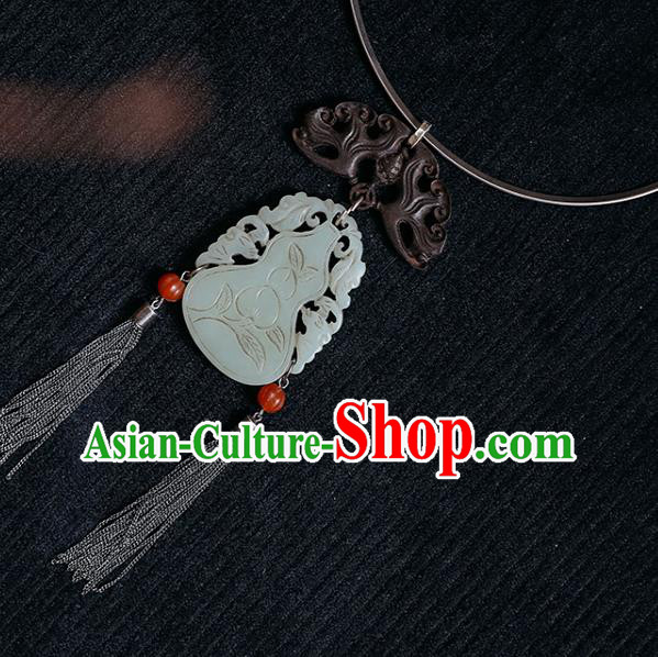 Chinese National Silver Necklace Handmade Ethnic Jade Carving Gourd Necklet Accessories Classical Jewelry