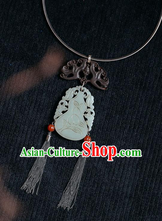 Chinese National Silver Necklace Handmade Ethnic Jade Carving Gourd Necklet Accessories Classical Jewelry