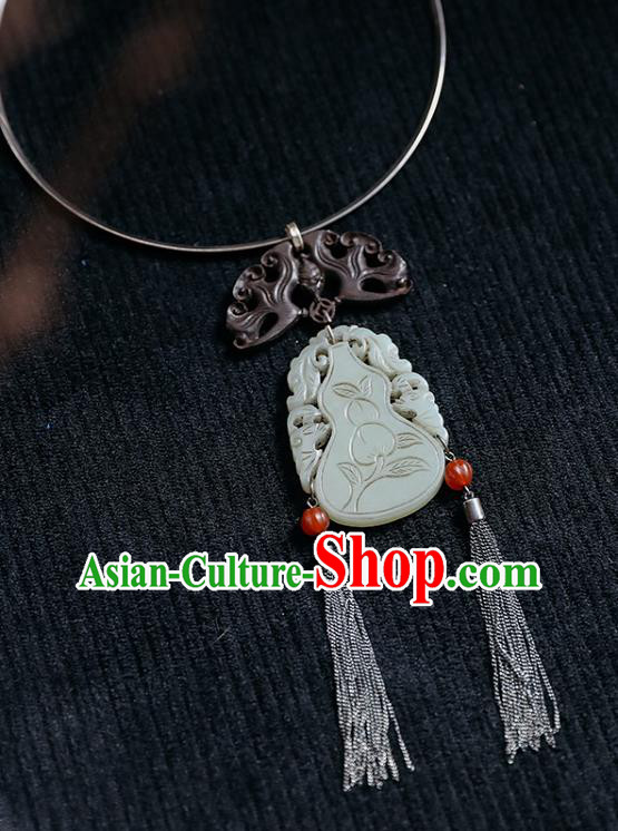 Chinese National Silver Necklace Handmade Ethnic Jade Carving Gourd Necklet Accessories Classical Jewelry