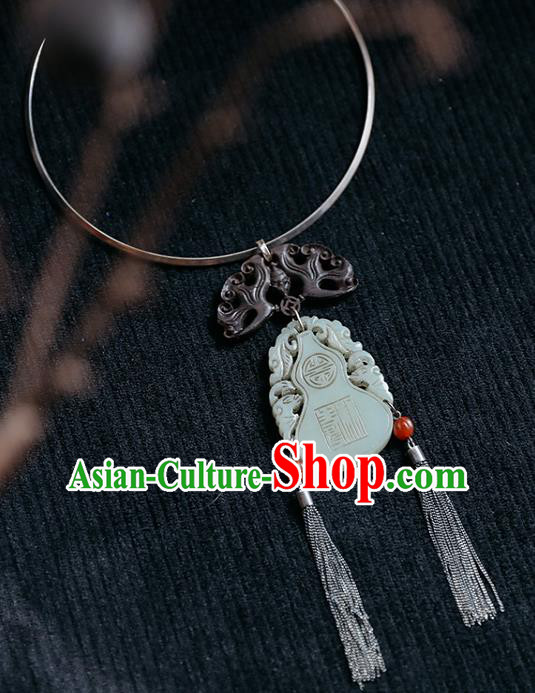 Chinese National Silver Necklace Handmade Ethnic Jade Carving Gourd Necklet Accessories Classical Jewelry