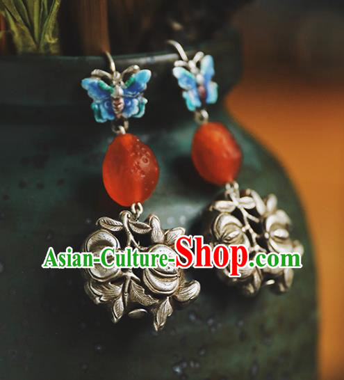Handmade Chinese Red Quartz Eardrop Classical Cheongsam Earrings Accessories Traditional Blueing Butterfly Ear Jewelry