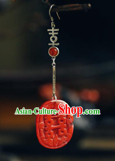 Handmade Chinese Traditional Wedding Red Eardrop Classical Cheongsam Earrings Accessories Silver Ear Jewelry