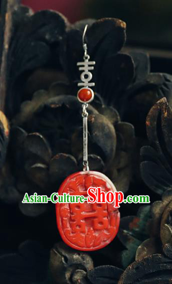 Handmade Chinese Traditional Wedding Red Eardrop Classical Cheongsam Earrings Accessories Silver Ear Jewelry