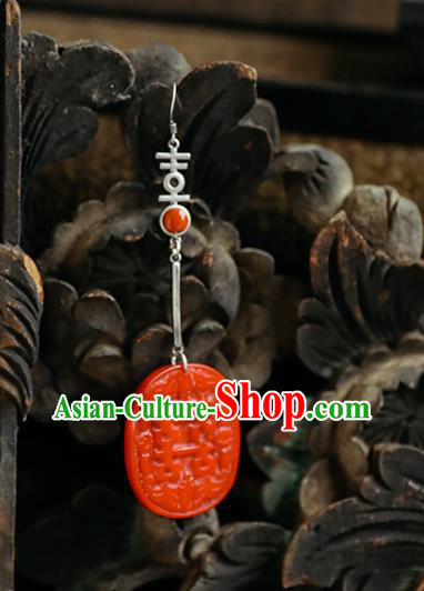 Handmade Chinese Traditional Wedding Red Eardrop Classical Cheongsam Earrings Accessories Silver Ear Jewelry