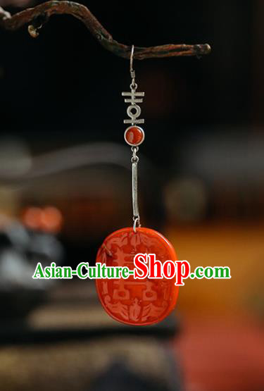 Handmade Chinese Traditional Wedding Red Eardrop Classical Cheongsam Earrings Accessories Silver Ear Jewelry