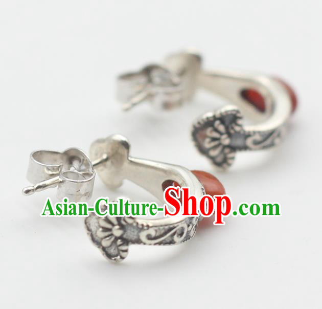 Handmade Chinese Agate Ear Jewelry Traditional Silver Eardrop Classical Earrings Accessories