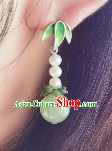 Handmade Chinese Enamel Bamboo Leaf Ear Jewelry Traditional Eardrop Classical Pearls Earrings Accessories