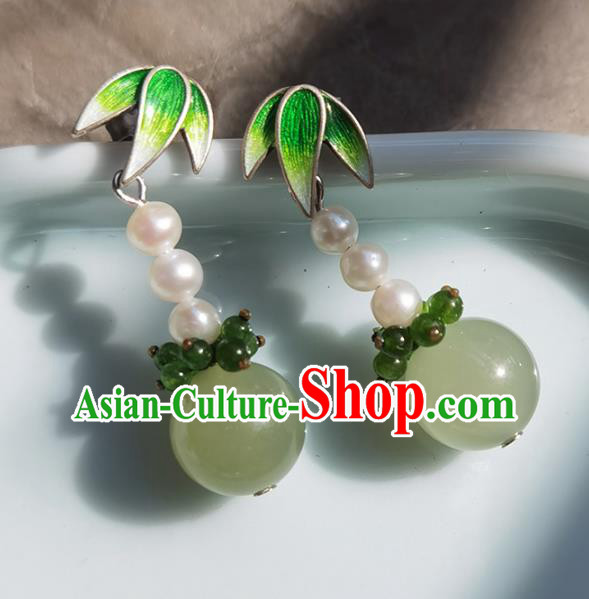 Handmade Chinese Enamel Bamboo Leaf Ear Jewelry Traditional Eardrop Classical Pearls Earrings Accessories