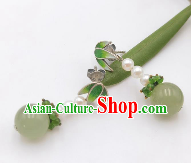 Handmade Chinese Enamel Bamboo Leaf Ear Jewelry Traditional Eardrop Classical Pearls Earrings Accessories