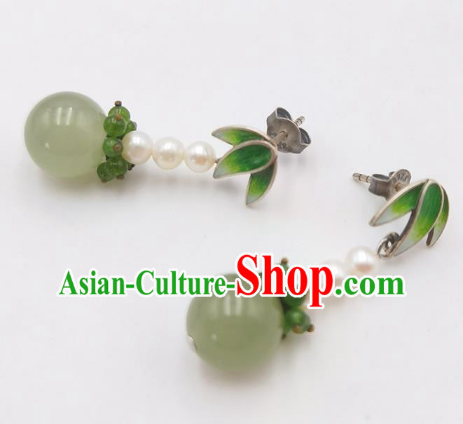Handmade Chinese Enamel Bamboo Leaf Ear Jewelry Traditional Eardrop Classical Pearls Earrings Accessories