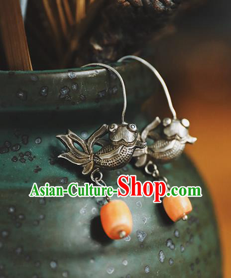 Handmade Chinese Topaz Eardrop Classical Cheongsam Earrings Accessories Traditional Silver Fish Ear Jewelry