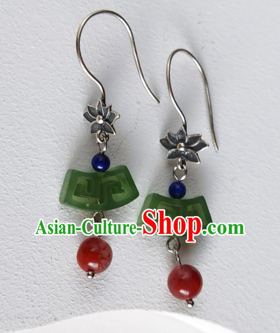 Handmade Chinese Traditional Jade Eardrop Classical Earrings Accessories Cheongsam Silver Lotus Ear Jewelry