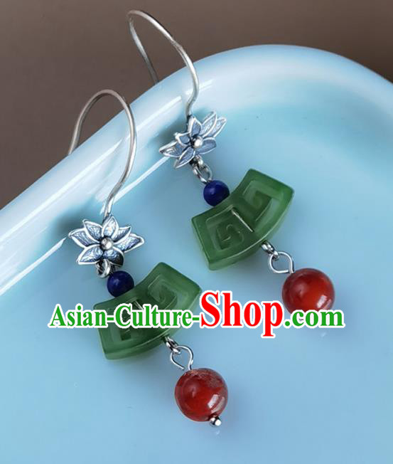 Handmade Chinese Traditional Jade Eardrop Classical Earrings Accessories Cheongsam Silver Lotus Ear Jewelry