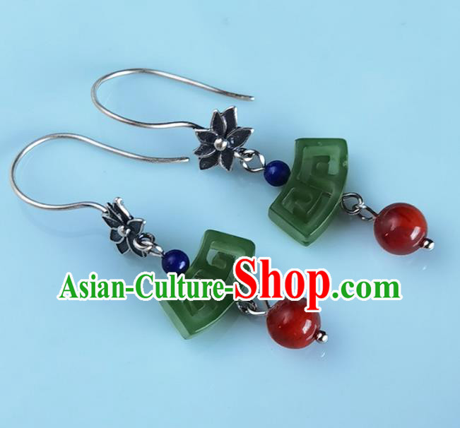 Handmade Chinese Traditional Jade Eardrop Classical Earrings Accessories Cheongsam Silver Lotus Ear Jewelry