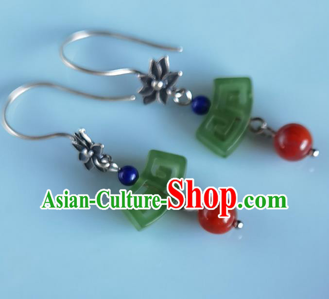 Handmade Chinese Traditional Jade Eardrop Classical Earrings Accessories Cheongsam Silver Lotus Ear Jewelry
