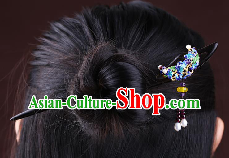 China National Cloisonne Hairpin Handmade Hair Jewelry Accessories Traditional Cheongsam Ebony Hair Stick