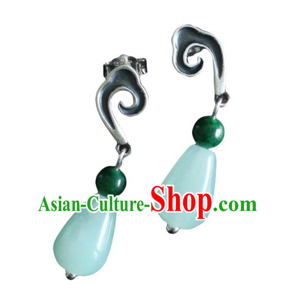Handmade Chinese Classical Earrings Accessories Cheongsam Silver Ear Jewelry Traditional Jade Eardrop