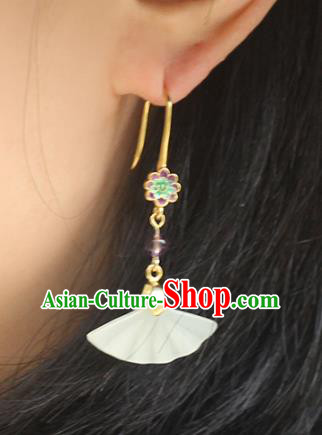 Handmade Chinese Classical Jade Fan Earrings Accessories Cheongsam Ear Jewelry Traditional Enamel Eardrop