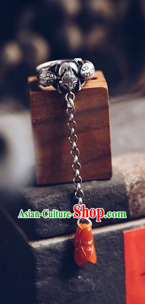 China Handmade Jewelry Accessories National Silver Ring Traditional Agate Cicada Circlet