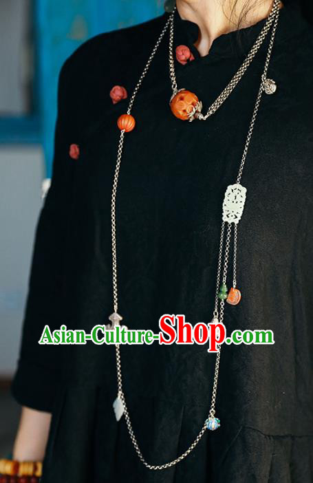 Chinese Handmade Ethnic Silver Necklet Classical Cheongsam Jewelry Accessories National Agate Pumpkin Necklace