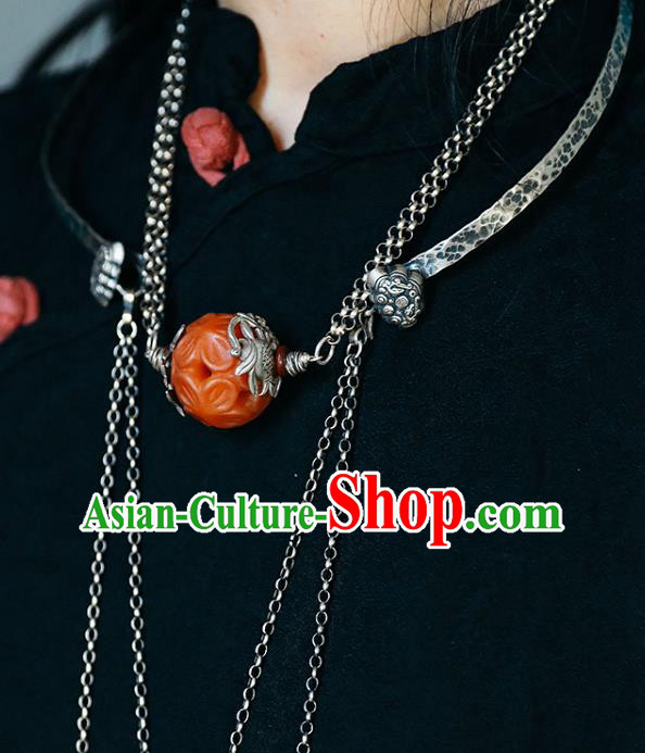 Chinese Handmade Classical Cheongsam Jewelry Accessories National Agate Necklace Ethnic Silver Tassel Necklet