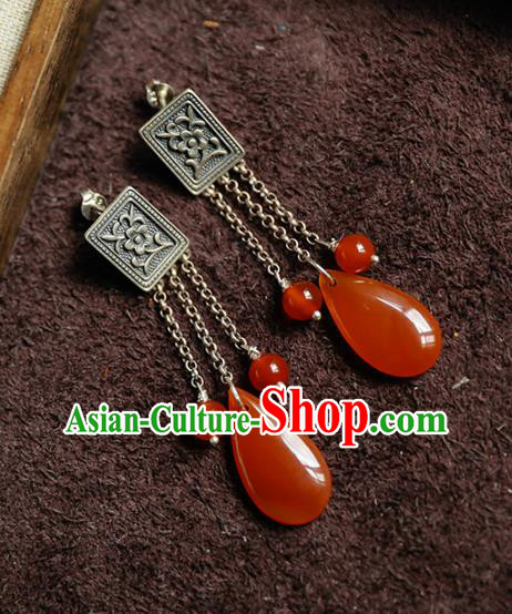 Handmade Chinese Traditional Wedding Silver Eardrop Classical Cheongsam Earrings Accessories Agate Ear Jewelry