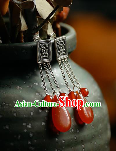 Handmade Chinese Traditional Wedding Silver Eardrop Classical Cheongsam Earrings Accessories Agate Ear Jewelry
