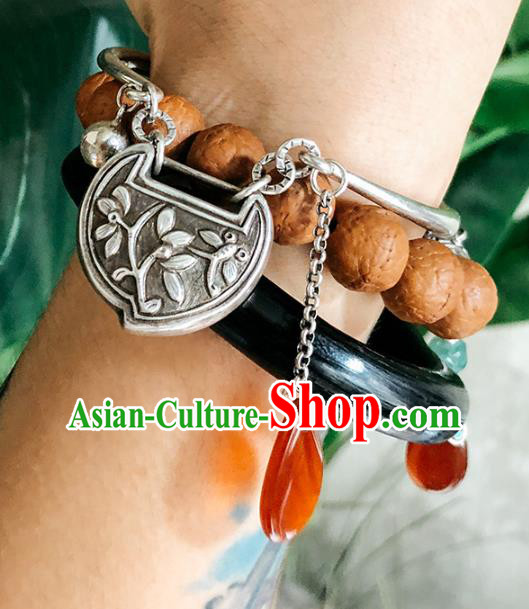 China Traditional Silver Carving Peach Bracelet Accessories Classical Bangle Tassel Wristlet Jewelry