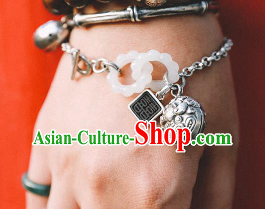 China Traditional White Jade Rings Bracelet Accessories Classical Bangle Silver Bell Wristlet Jewelry