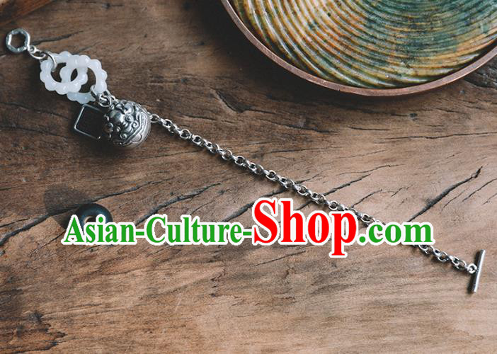 China Traditional White Jade Rings Bracelet Accessories Classical Bangle Silver Bell Wristlet Jewelry