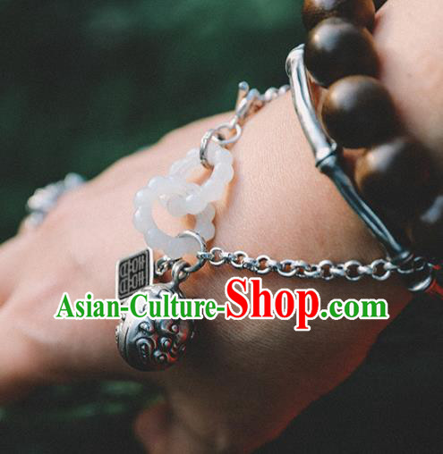 China Traditional White Jade Rings Bracelet Accessories Classical Bangle Silver Bell Wristlet Jewelry