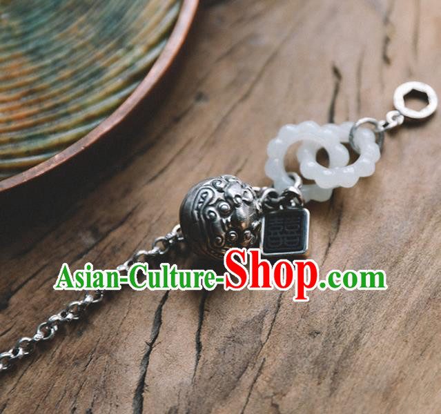 China Traditional White Jade Rings Bracelet Accessories Classical Bangle Silver Bell Wristlet Jewelry