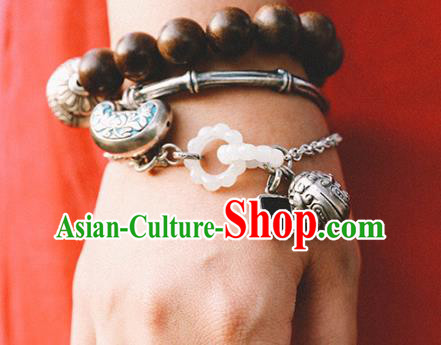 China Traditional White Jade Rings Bracelet Accessories Classical Bangle Silver Bell Wristlet Jewelry