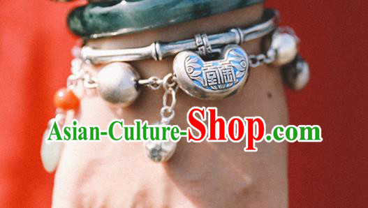 China Traditional Silver Bamboo Bracelet Accessories Classical Bangle Blueing Longevity Lock Wristlet Jewelry