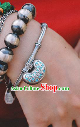 China Traditional Silver Bamboo Bracelet Accessories Classical Bangle Blueing Longevity Lock Wristlet Jewelry