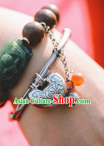 China Traditional Silver Bamboo Bracelet Accessories Classical Bangle Blueing Longevity Lock Wristlet Jewelry