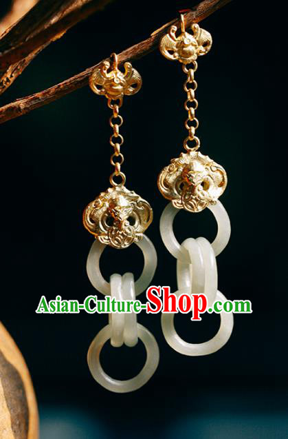 Handmade Chinese Traditional Wedding Golden Bat Eardrop Classical Cheongsam Earrings Accessories Jade Rings Ear Jewelry
