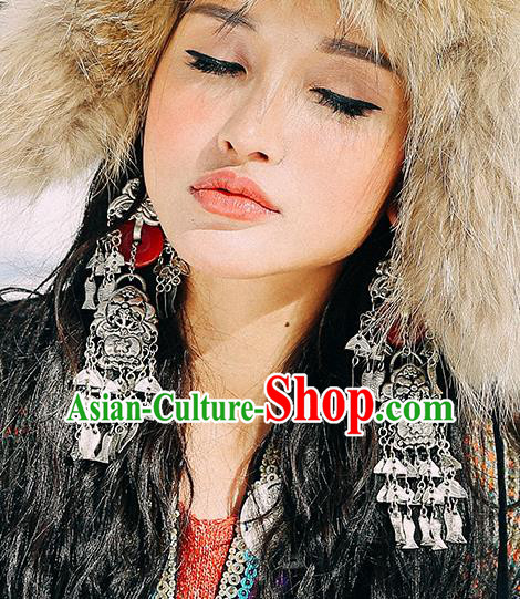 Handmade Chinese Traditional Agate Eardrop Classical Earrings Accessories Ethnic Silver Fish Tassel Ear Jewelry