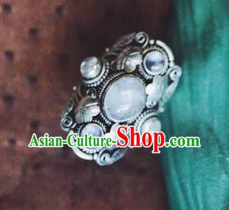 China National Moonstone Ring Traditional Handmade Gems Jewelry Accessories Silver Circlet