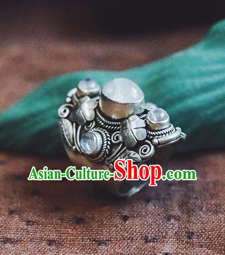 China National Moonstone Ring Traditional Handmade Gems Jewelry Accessories Silver Circlet