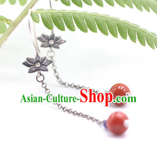 Handmade Chinese Traditional Agate Tassel Eardrop Classical Earrings Accessories Ethnic Silver Lotus Ear Jewelry