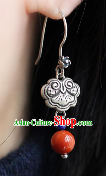 Handmade Chinese Traditional Silver Carving Eardrop Ethnic Agate Ear Jewelry Classical Earrings Accessories