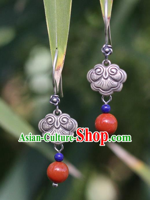 Handmade Chinese Traditional Silver Carving Eardrop Ethnic Agate Ear Jewelry Classical Earrings Accessories
