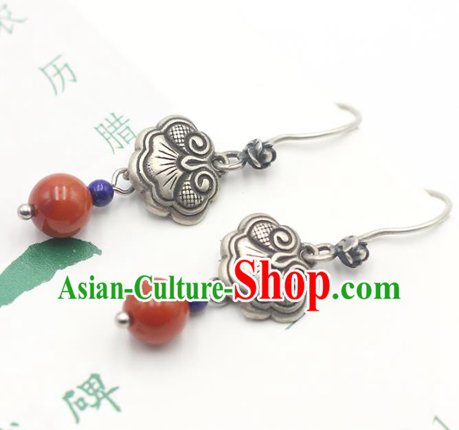 Handmade Chinese Traditional Silver Carving Eardrop Ethnic Agate Ear Jewelry Classical Earrings Accessories