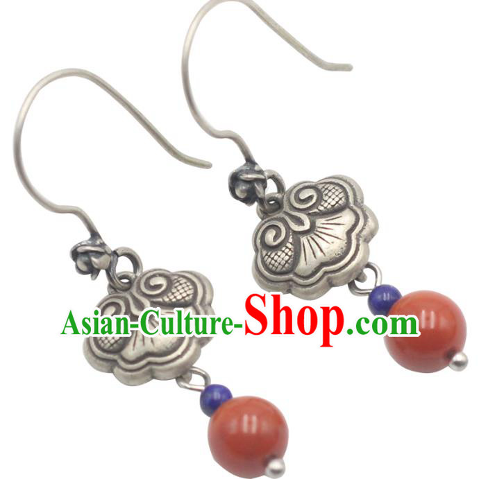 Handmade Chinese Traditional Silver Carving Eardrop Ethnic Agate Ear Jewelry Classical Earrings Accessories