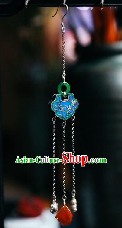 Handmade Chinese Traditional Blueing Silver Eardrop Classical Cheongsam Earrings Accessories Jade Ear Jewelry