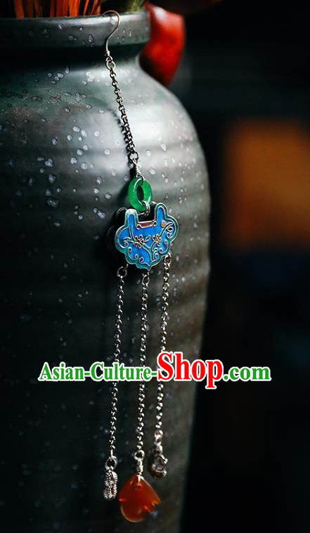 Handmade Chinese Traditional Blueing Silver Eardrop Classical Cheongsam Earrings Accessories Jade Ear Jewelry