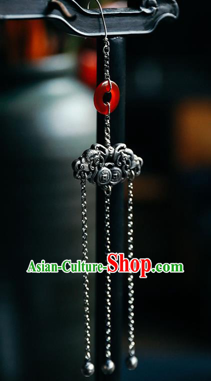 Handmade Chinese Traditional Agate Eardrop Classical Cheongsam Earrings Accessories Silver Tassel Ear Jewelry